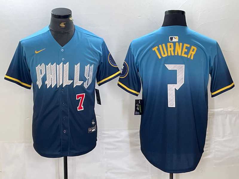 Mens Philadelphia Phillies #7 Trea Turner Number Blue 2024 City Connect Limited Stitched Jerseys->philadelphia phillies->MLB Jersey